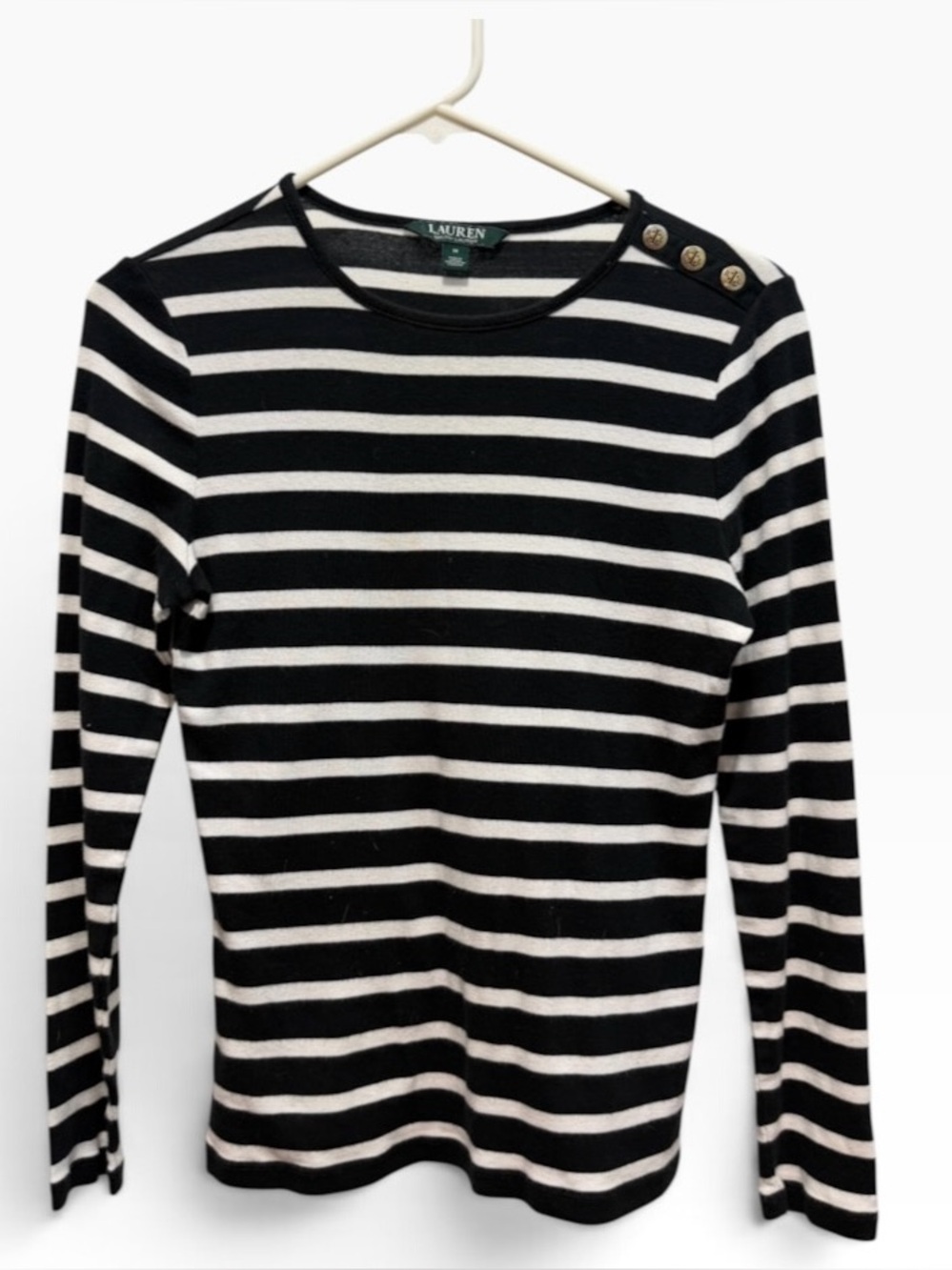 Lauren Ralph Lauren B&W Striped Shirt Button Accent Quiet Luxury Nautical Sz Med